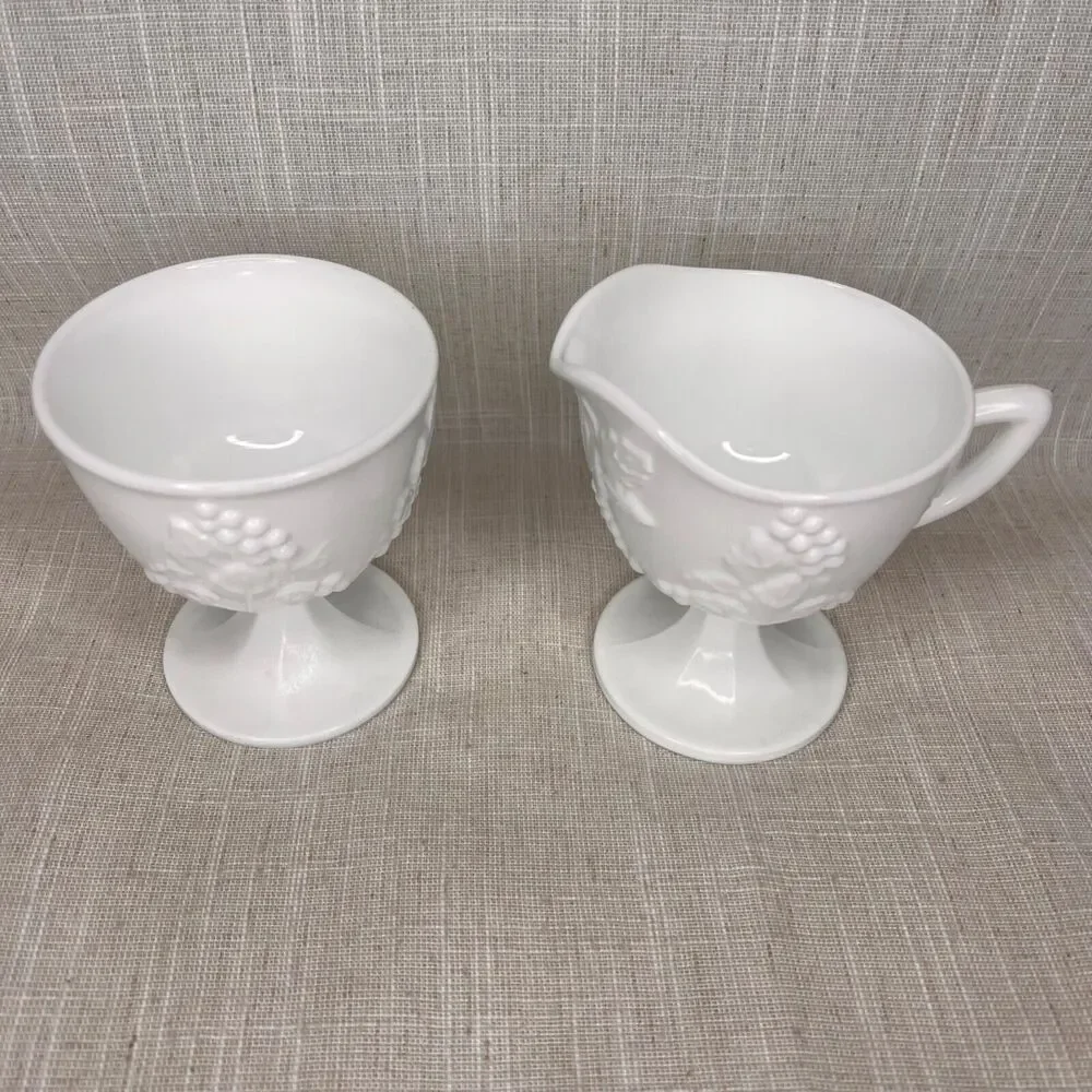 Footed Creamer Sugar Set Indiana Colony Harvest Milk Glass Embossed Grapes